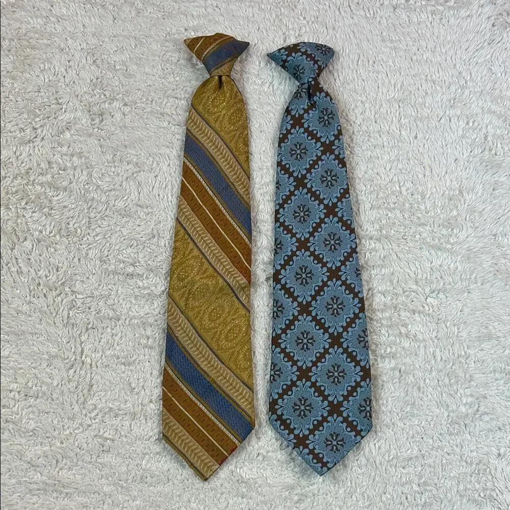Lot bundle 2 vintage 70s clip on ties - brown, gold, and blue